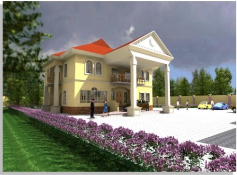 Architectural rendering of a six-bedroom duplex with landscaped grounds