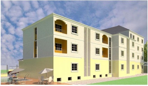 Rear architectural rendering of a hospitality development in Awka